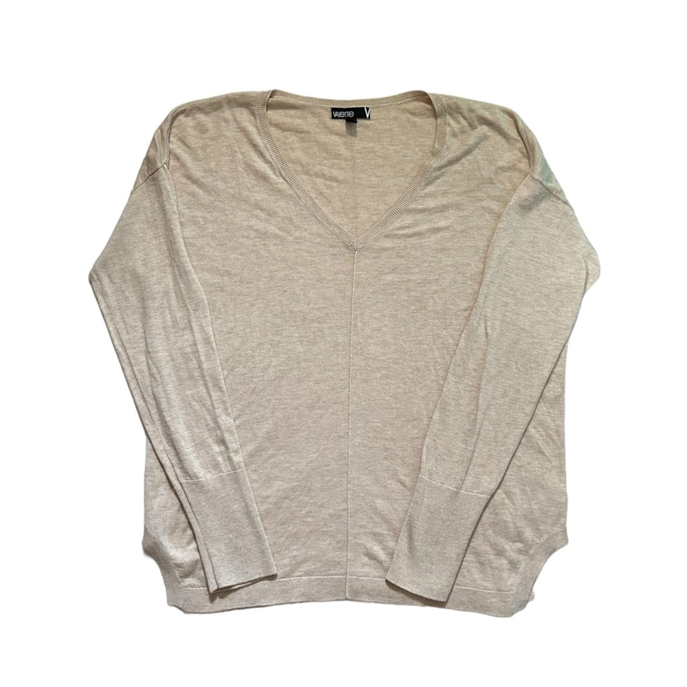 Valette V-Neck Tunic Sweater Heather Beige Lightweight Knit Neutral Minimalist L